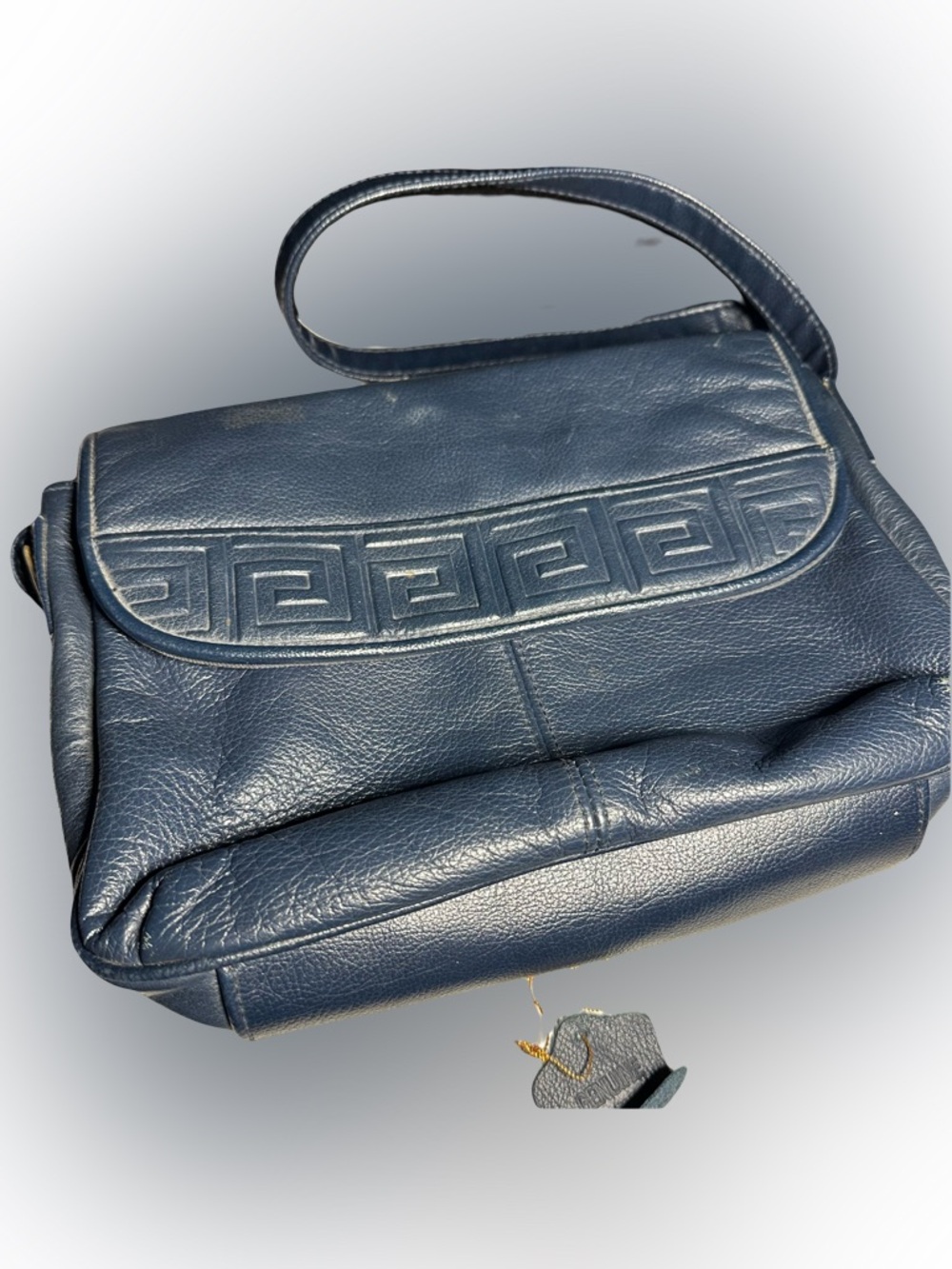 Navy Leather Shoulder Bag with Embossed Geometric Detail